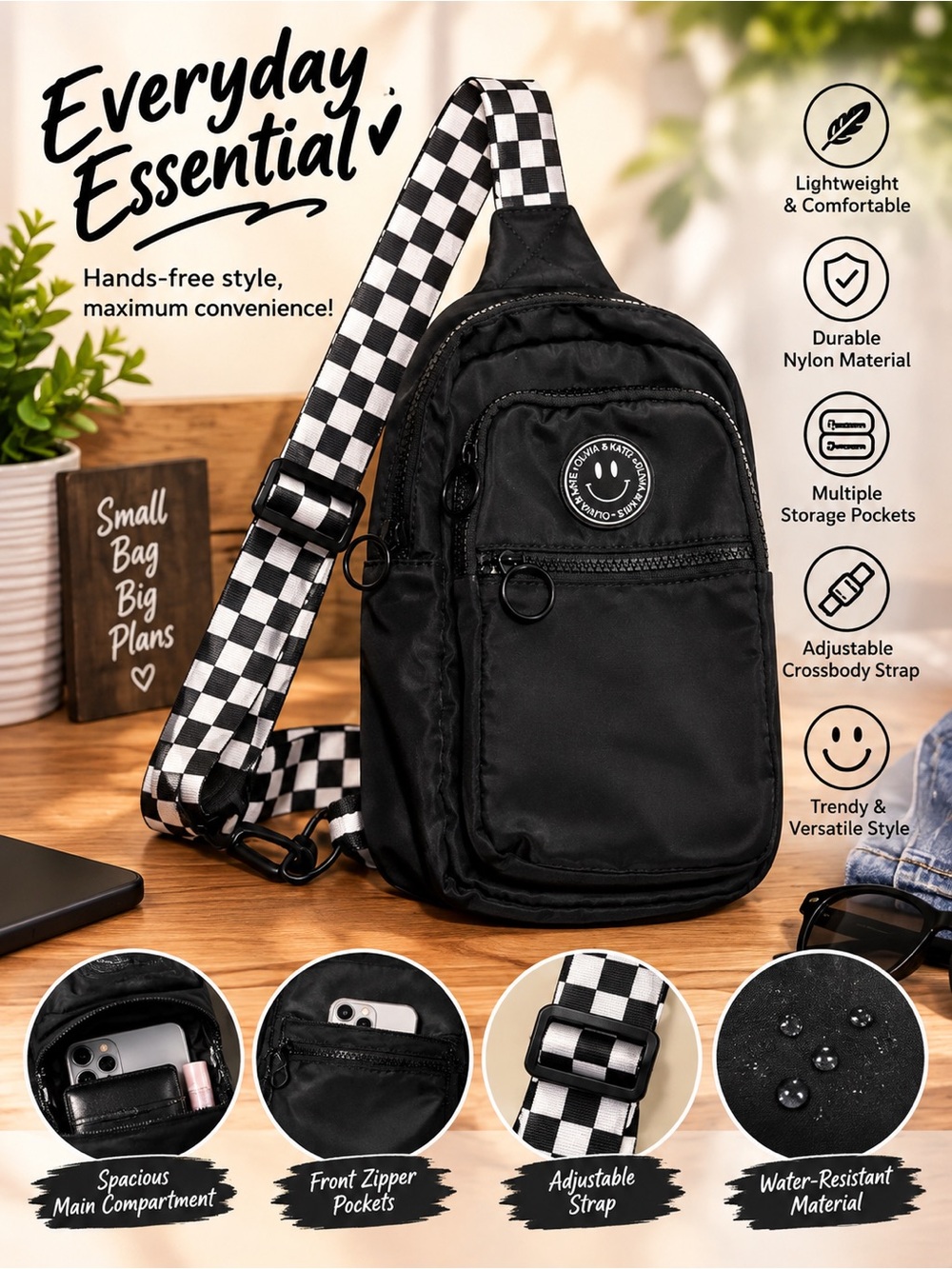 Black Nylon Crossbody Sling Bag with Checkerboard Strap